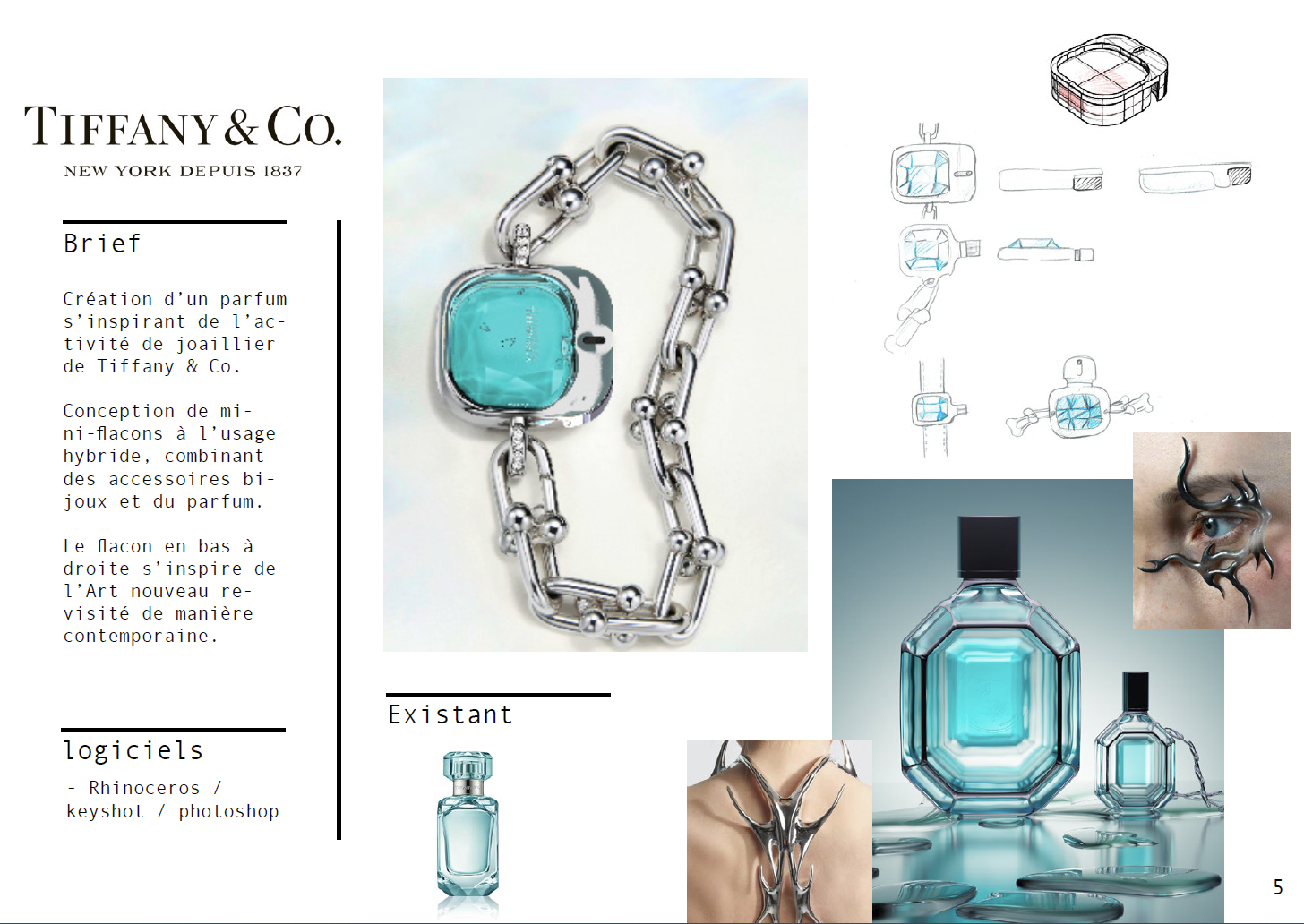 Planche de recherche — brief, croquis et références autour du parfum-bijou Tiffany & Co.