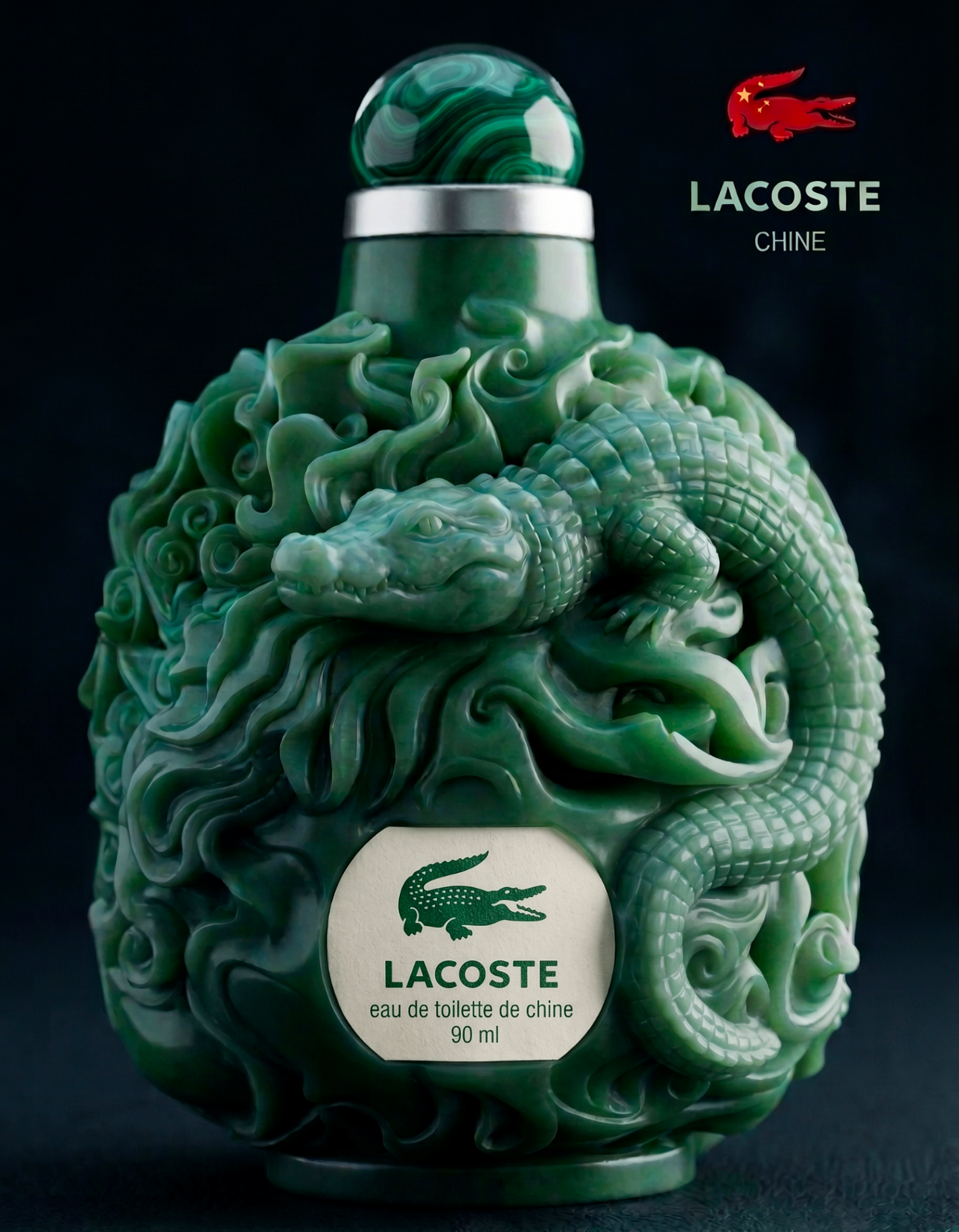 Vue de face — étiquette, bouchon en malachite et col argenté