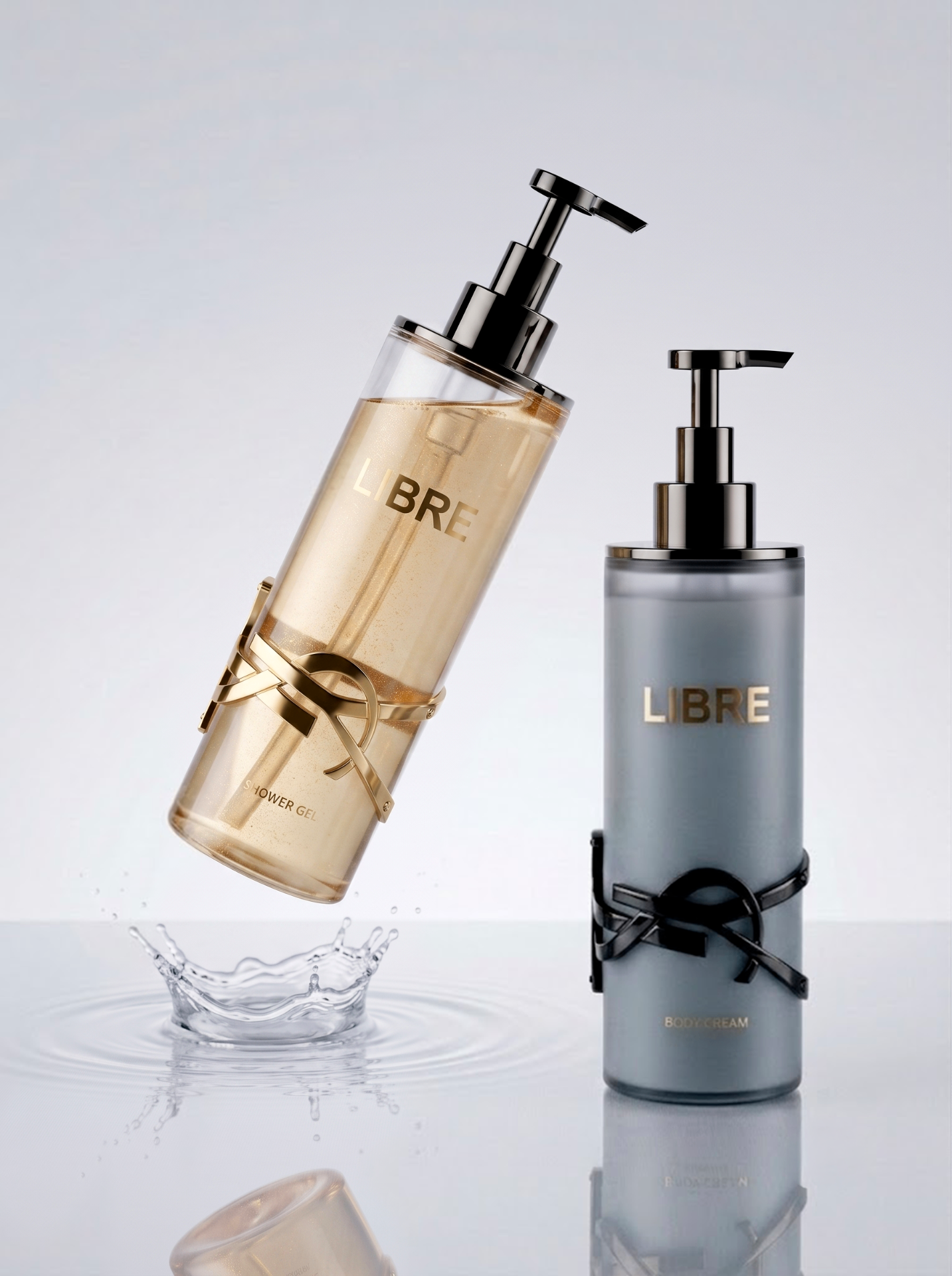 Gel de douche & lait corps LIBRE — éclaboussure et reflets, pompe noire laquée